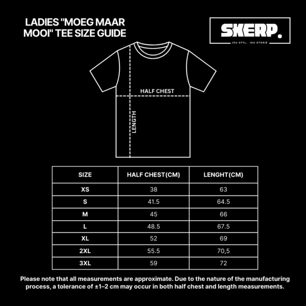 LADIES MOEG MAAR MOOI TEE SIZE GUIDE